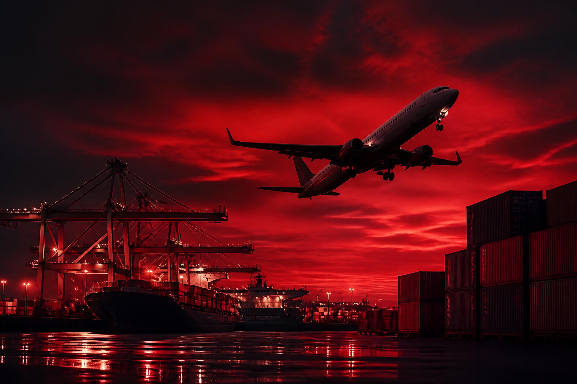 Airliner departing above a container port at dusk