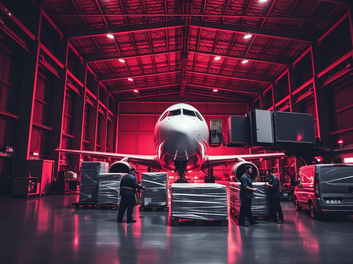 Air freight pallets being loaded in a cargo hangar